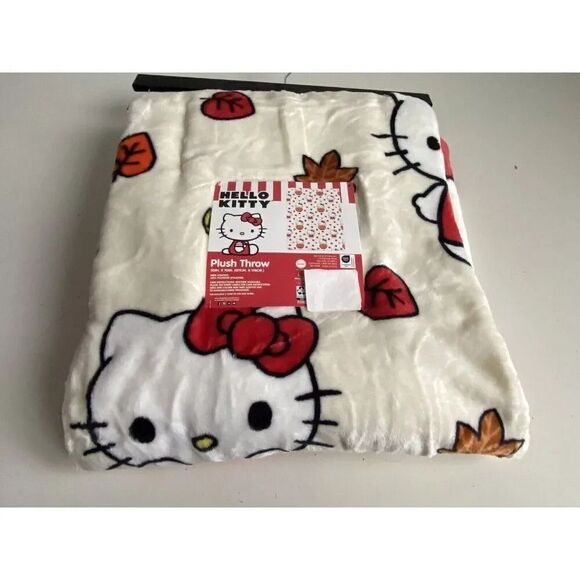 Hello Kitty Autumn Fall Leaves Pumpkins White Soft Throw Blanket 50 x 70” NEW - Picture 2 of 12